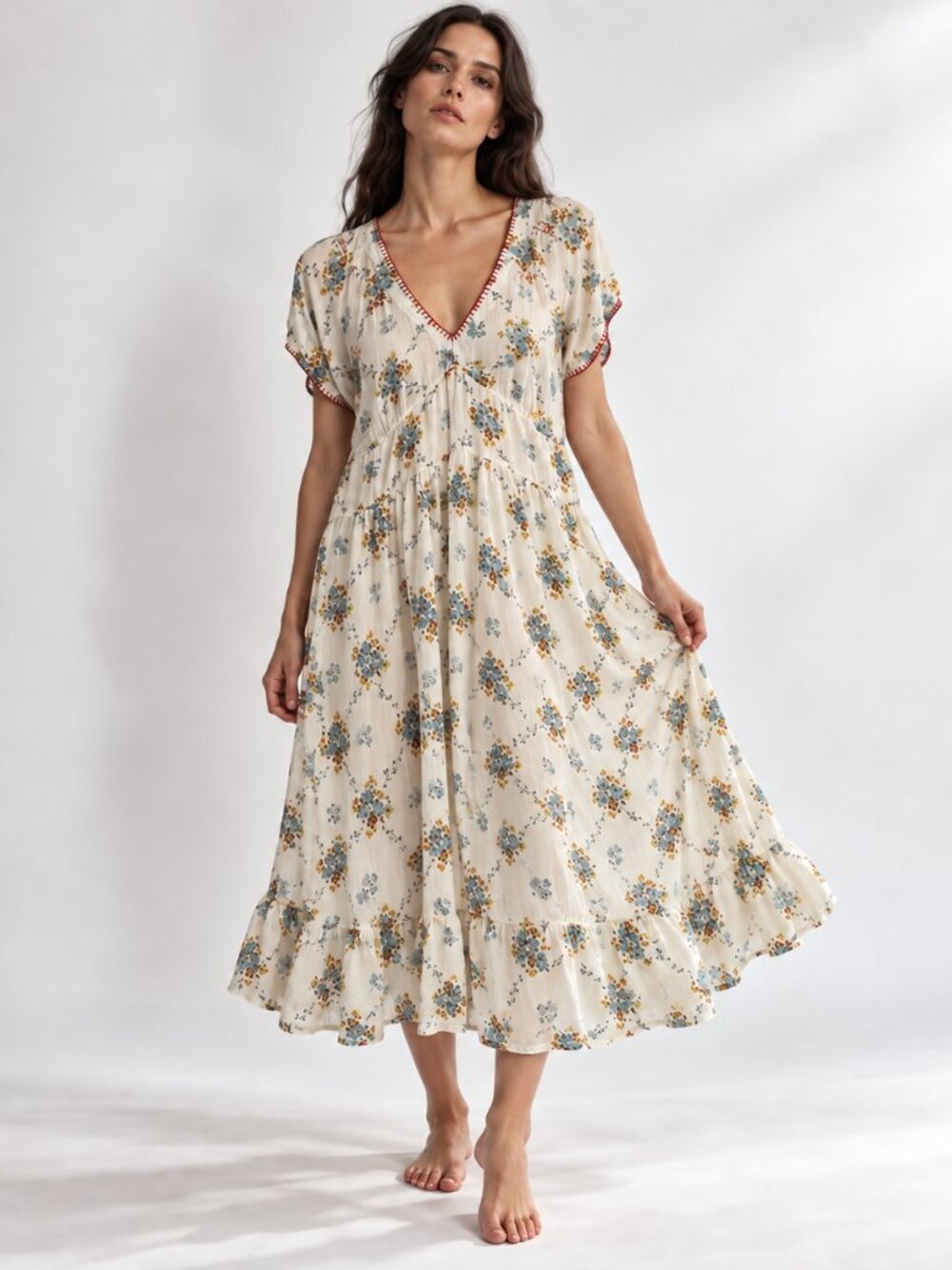 Johnny Was Jane Apatite Ivory Floral Rayon Tiered Midi Dress Size Small Romantic